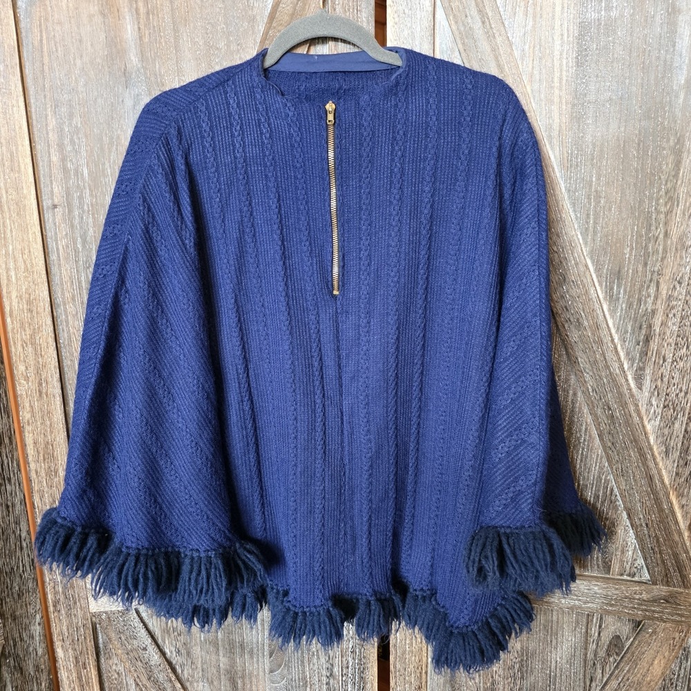 Cable Knit Sweater Adult One Size Navy Blue Cape‎ Zipper Fringe Poncho 27"
